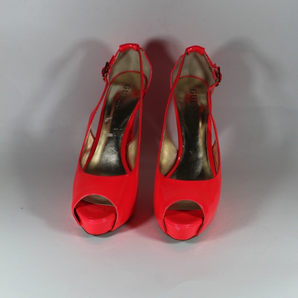 GUESS HONDO PEEP TOE NEON ORANGE HEELS PUMPS 8.5 - Picture 2 of 8